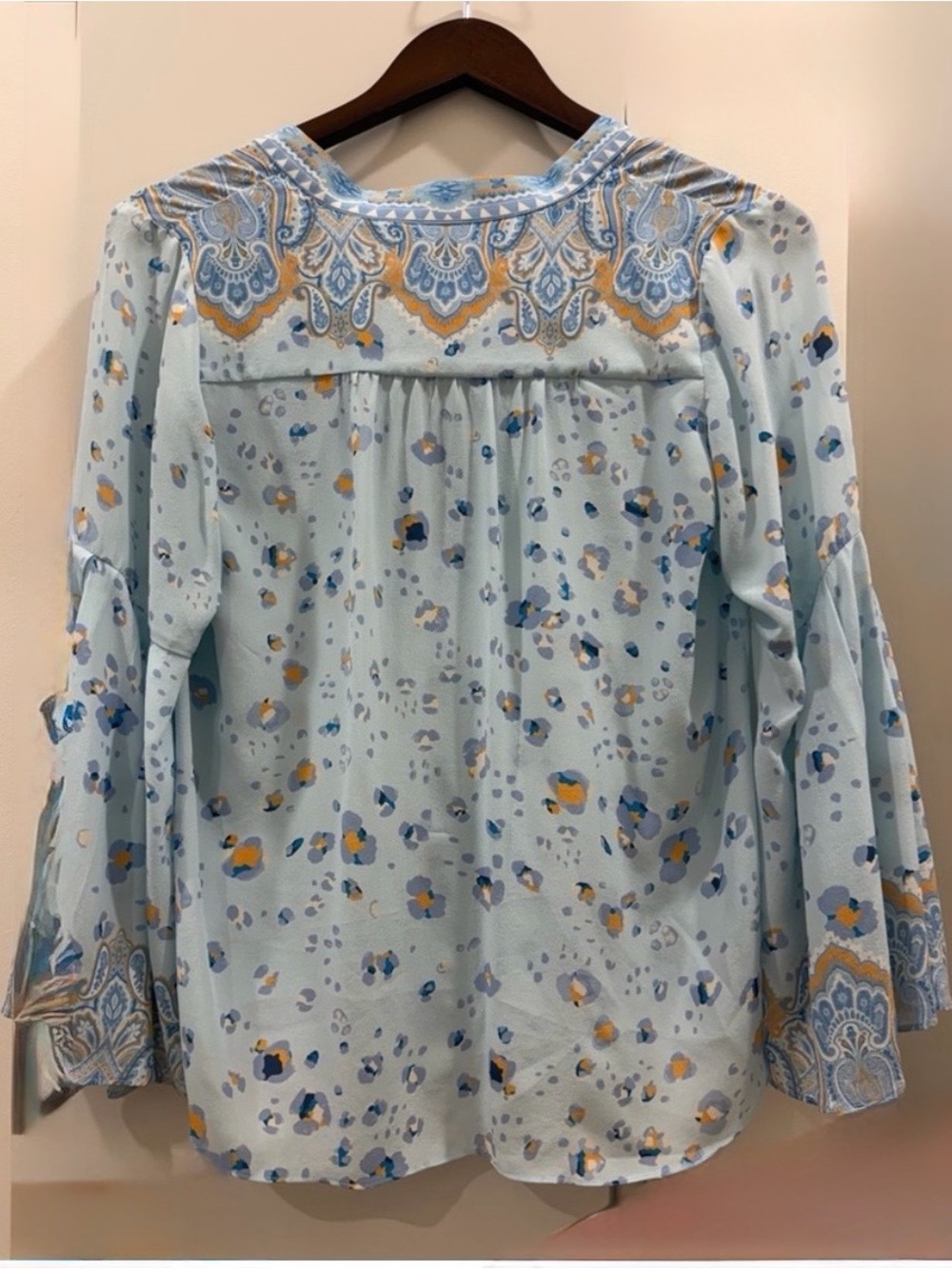 Hale Bob Light Blue Tie-Front Bohemian-inspired prints,  100% Silk Blouse SZ S - Picture 2 of 8
